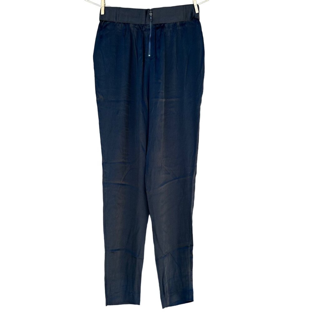 Alice + Olivia Navy Silk Pants By Stacey Bendet With Black Waistband